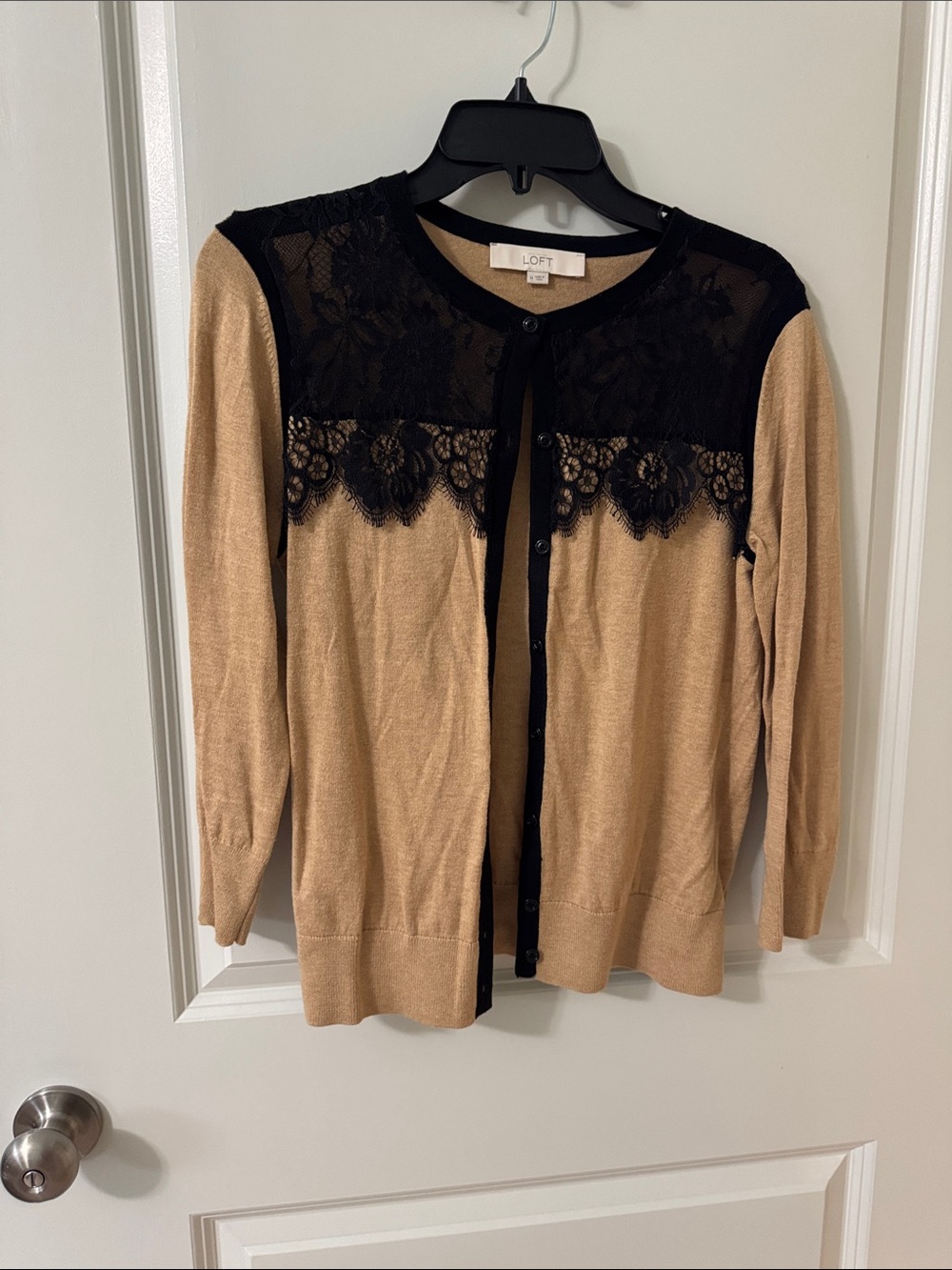 LOFT Camel Cardigan with Black Lace Yoke